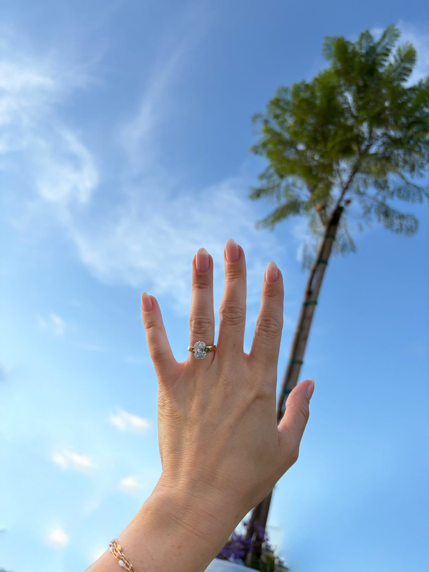 Camille holding her hand up to the sky, the ring on her finger